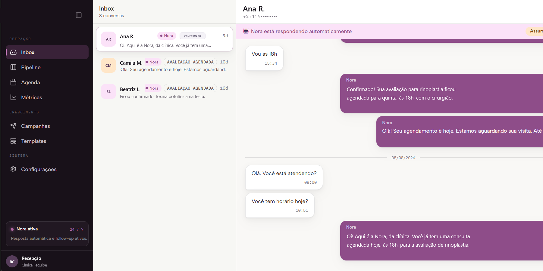 Painel da Nora com a conversa de uma paciente e a avaliação confirmada
